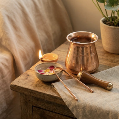 Ayurvedic Self-Care Set – Kansa Face Wand + Tongue Scraper + Bedside Carafe