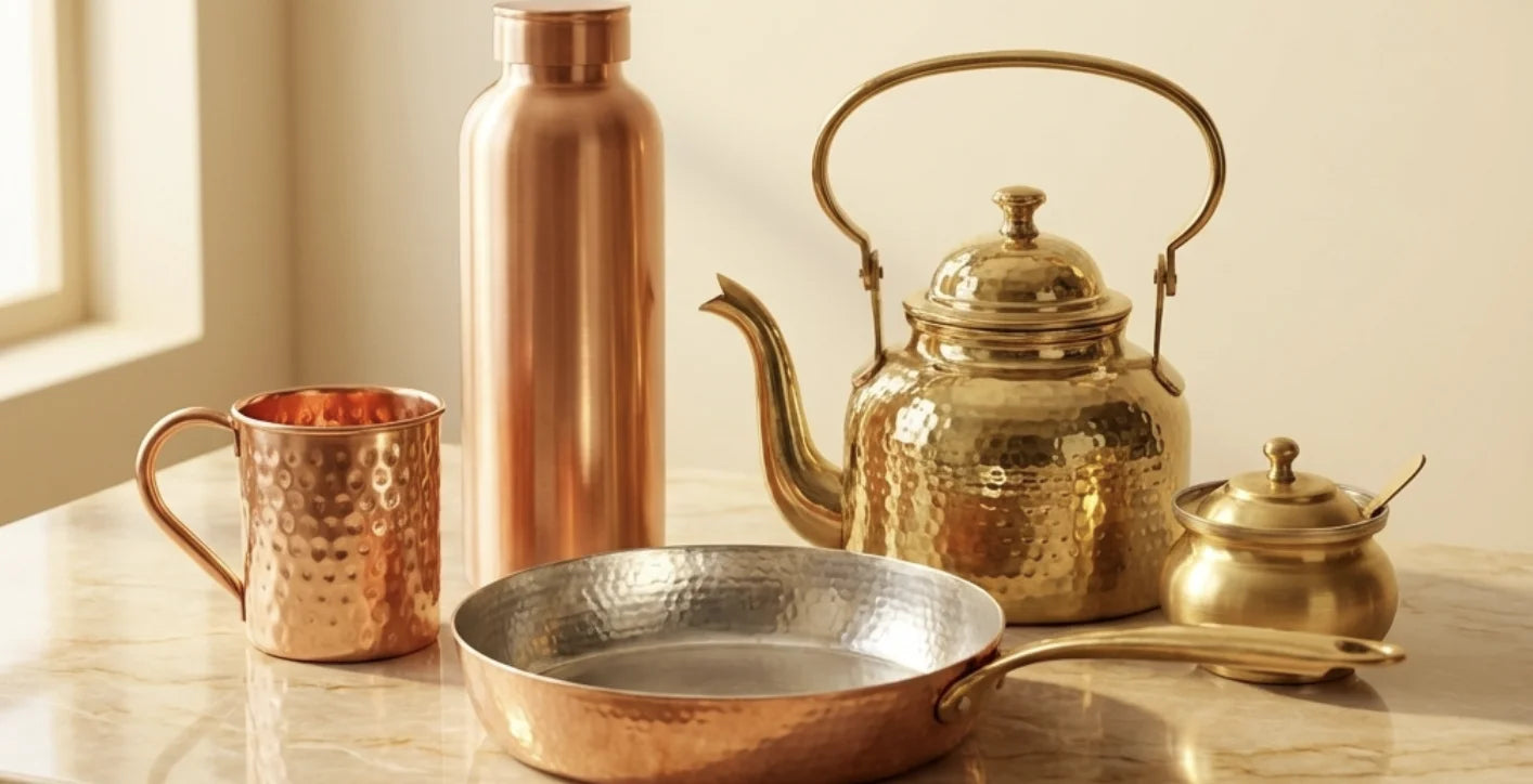 Hand-hammered copper and brass cookware collection by Copper Mart — skillet, water bottle, mug, and mortar on marble countertop