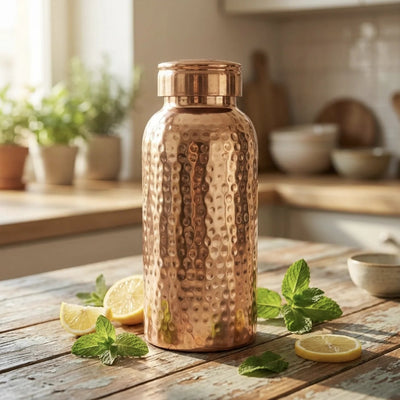 Hand-hammered pure copper water bottle with mint and lemon on wooden surface — Ayurvedic wellness hydration by Copper Mart