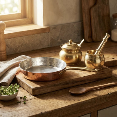 Non-Toxic Kitchen Starter Set – Copper Skillet + Brass Mortar & Pestle + Brass Ghee Pot