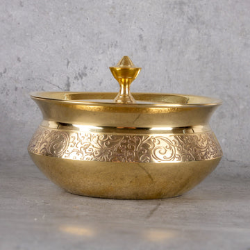 Brass Dish Handi for Serving - Traditional Serving Bowl - Detailed side angle view showing key features and dimensions.