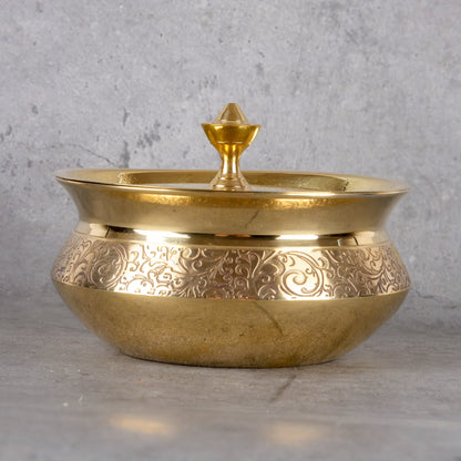 Brass Dish Handi for Serving - Traditional Serving Bowl - Detailed side angle view showing key features and dimensions.