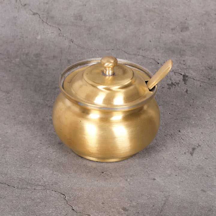 Brass Ghee Pot with Spoon (Ghilodi) - Traditional Storage Set - Close-up shot highlighting material