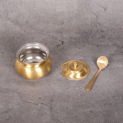 Brass Ghee Pot with Spoon (Ghilodi) - Traditional Storage Set - Detailed side angle view showing key features and dimensions.