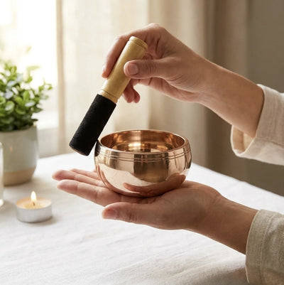 Woman holding small polished bronze Kansa singing bowl on palm, running wooden mallet around rim during meditation