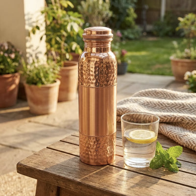 Hand-Hammered Copper Water Bottle – 34 oz, Ayurvedic, Leak-Proof
