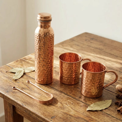 The Copper Morning Ritual – Tongue Scraper + Hammered Water Bottle + Pair of Mugs